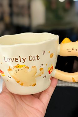 Adorable Orange Cat Girl Ceramic Drinking Cup - Cute Office Tea and Coffee Mug for Breakfast, Perfect Gift for Cat Lovers