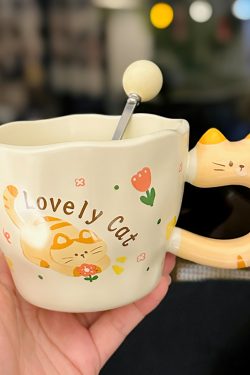 Adorable Orange Cat Girl Ceramic Drinking Cup - Cute Office Tea and Coffee Mug for Breakfast, Perfect Gift for Cat Lovers