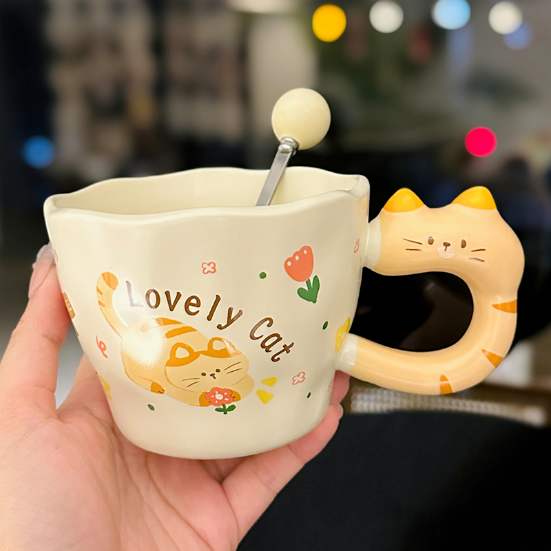 Adorable Orange Cat Girl Ceramic Drinking Cup - Cute Office Tea and Coffee Mug for Breakfast, Perfect Gift for Cat Lovers Adorable Orange Cat Girl Ceramic Drinking Cup - Cute Office Tea and Coffee Mug for Breakfast, Perfect Gift for Cat Lovers