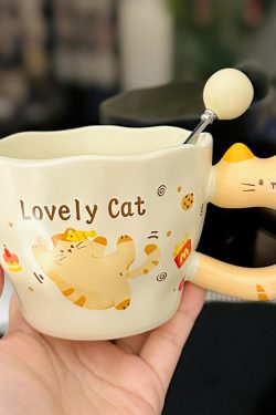 Adorable Orange Cat Girl Ceramic Drinking Cup - Cute Office Tea and Coffee Mug for Breakfast, Perfect Gift for Cat Lovers