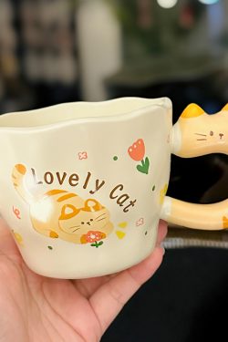 Adorable Orange Cat Girl Ceramic Drinking Cup - Cute Office Tea and Coffee Mug for Breakfast, Perfect Gift for Cat Lovers