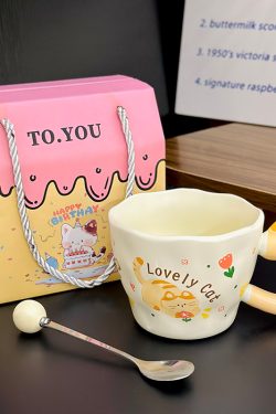 Adorable Orange Cat Girl Ceramic Drinking Cup - Cute Office Tea and Coffee Mug for Breakfast, Perfect Gift for Cat Lovers