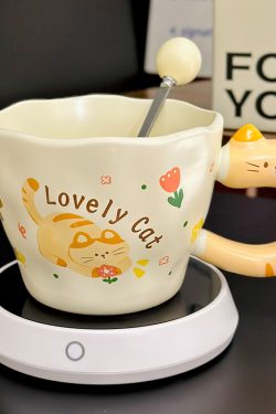 Adorable Orange Cat Girl Ceramic Drinking Cup - Cute Office Tea and Coffee Mug for Breakfast, Perfect Gift for Cat Lovers