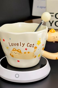 Adorable Orange Cat Girl Ceramic Drinking Cup - Cute Office Tea and Coffee Mug for Breakfast, Perfect Gift for Cat Lovers