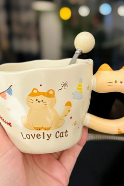 Adorable Orange Cat Girl Ceramic Drinking Cup - Cute Office Tea and Coffee Mug for Breakfast, Perfect Gift for Cat Lovers