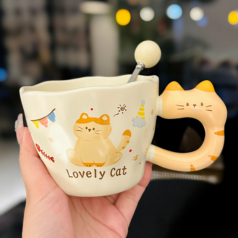 Adorable Orange Cat Girl Ceramic Drinking Cup - Cute Office Tea and Coffee Mug for Breakfast, Perfect Gift for Cat Lovers Adorable Orange Cat Girl Ceramic Drinking Cup - Cute Office Tea and Coffee Mug for Breakfast, Perfect Gift for Cat Lovers