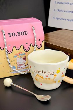Adorable Orange Cat Girl Ceramic Drinking Cup - Cute Office Tea and Coffee Mug for Breakfast, Perfect Gift for Cat Lovers