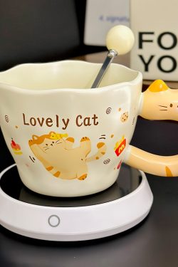 Adorable Orange Cat Girl Ceramic Drinking Cup - Cute Office Tea and Coffee Mug for Breakfast, Perfect Gift for Cat Lovers