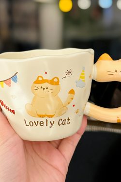 Adorable Orange Cat Girl Ceramic Drinking Cup - Cute Office Tea and Coffee Mug for Breakfast, Perfect Gift for Cat Lovers