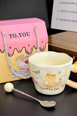 Adorable Orange Cat Girl Ceramic Drinking Cup - Cute Office Tea and Coffee Mug for Breakfast, Perfect Gift for Cat Lovers