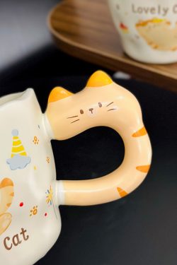 Adorable Orange Cat Girl Ceramic Drinking Cup - Cute Office Tea and Coffee Mug for Breakfast, Perfect Gift for Cat Lovers