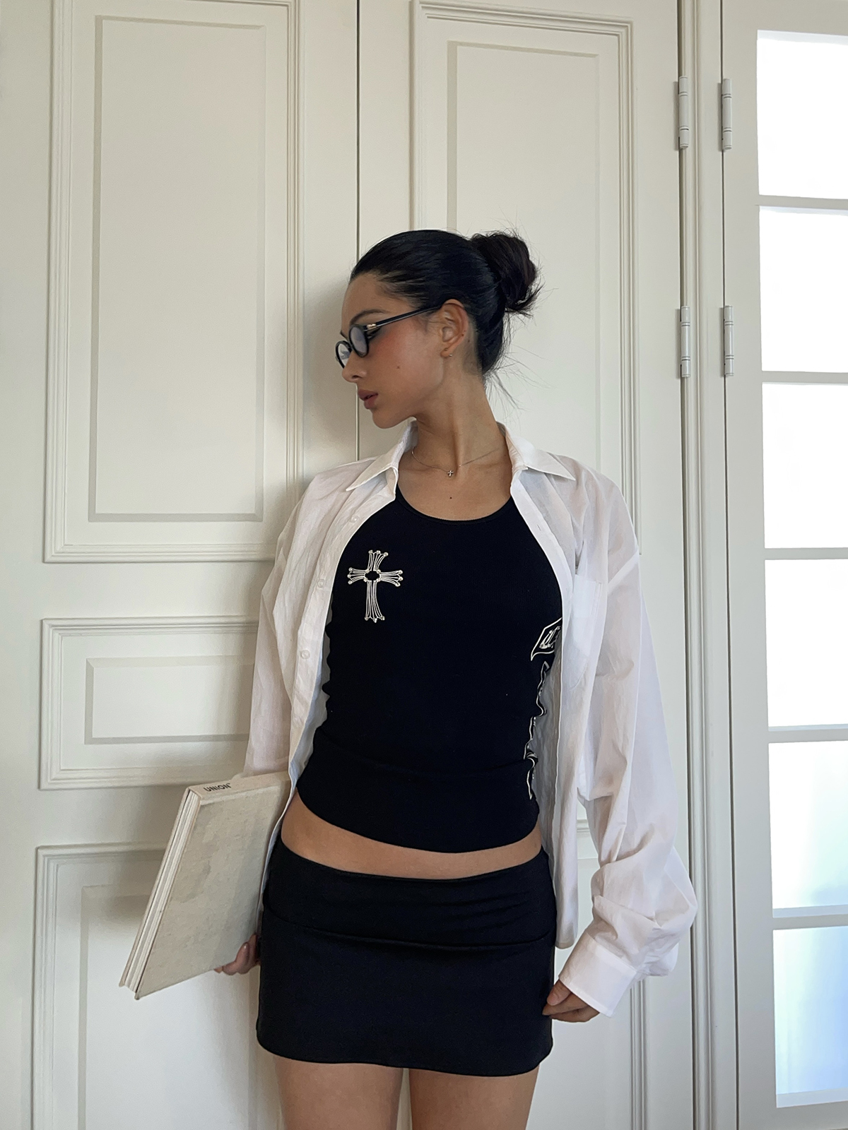 Airy White Shirt and Black Mini Low-Waist Skirt Set - Stylish Girl Outfit, Y2K Fashion, Trendy Summer Look Airy White Shirt and Black Mini Low-Waist Skirt Set - Stylish Girl Outfit, Y2K Fashion, Trendy Summer Look