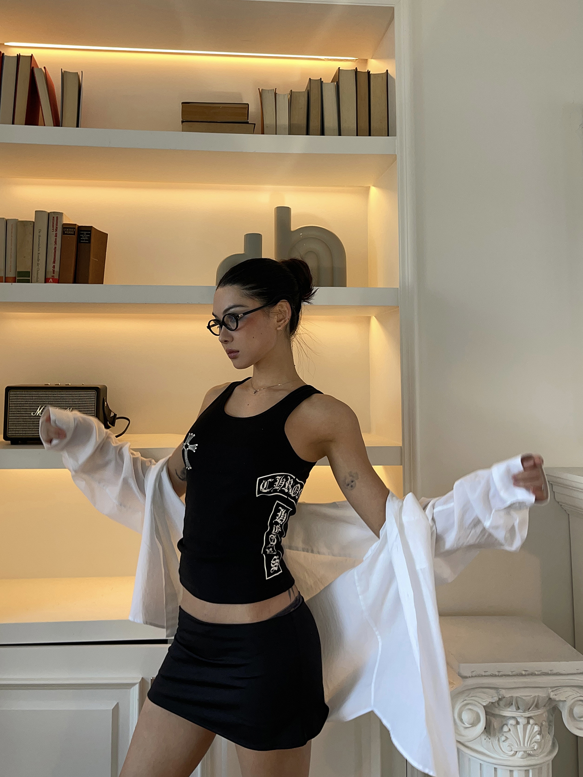 Airy White Shirt and Black Mini Low-Waist Skirt Set - Stylish Girl Outfit, Y2K Fashion, Trendy Summer Look Airy White Shirt and Black Mini Low-Waist Skirt Set - Stylish Girl Outfit, Y2K Fashion, Trendy Summer Look