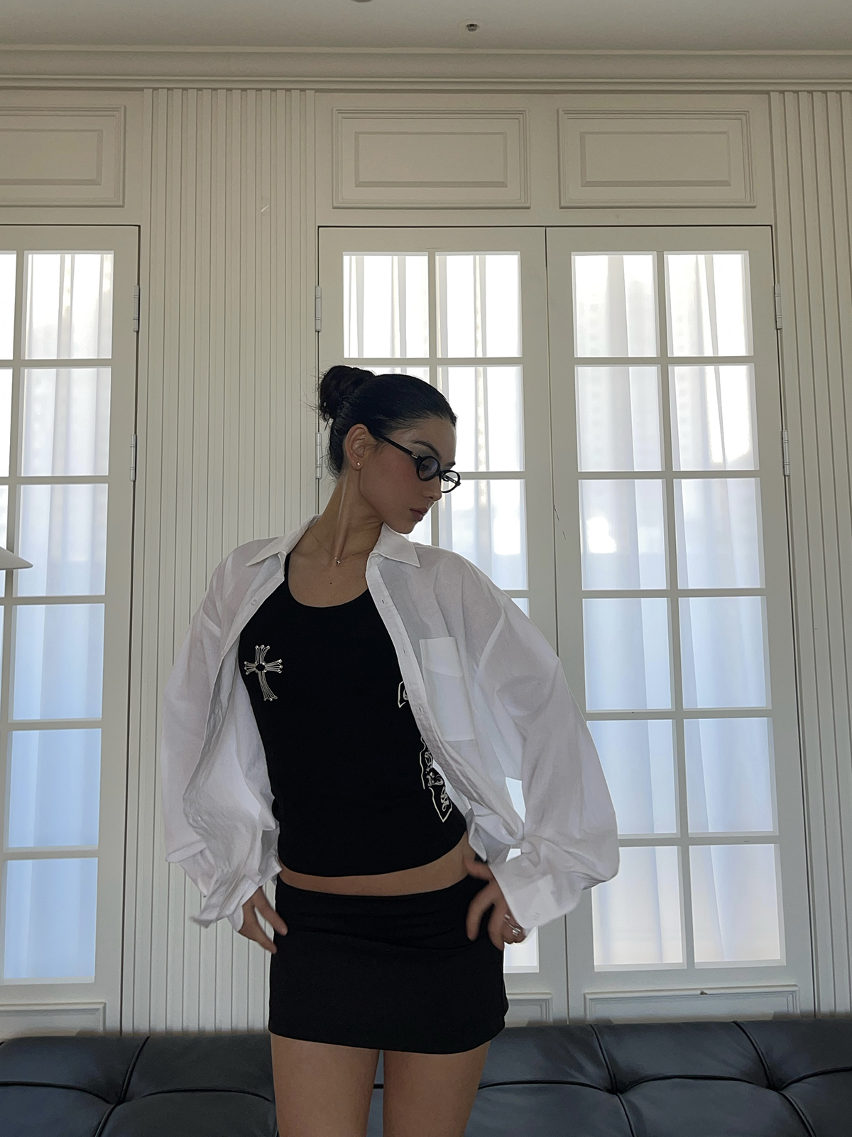 Airy White Shirt and Black Mini Low-Waist Skirt Set - Stylish Girl Outfit, Y2K Fashion, Trendy Summer Look Airy White Shirt and Black Mini Low-Waist Skirt Set - Stylish Girl Outfit, Y2K Fashion, Trendy Summer Look