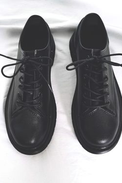 All-Black Men's Leather Shoes - Harajuku Style Thick-Soled Japanese Retro Round-Toe Casual Trendy Footwear