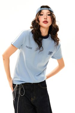 American College Style Printed Short-Sleeve T-Shirt for Women - Summer Slim-Fit Three-Stripe Sports Top