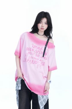 American Gradient Leather Buckle Off-Shoulder Oversized Short Sleeve T-Shirt for Women - Trendy Casual Spicy Girl Style