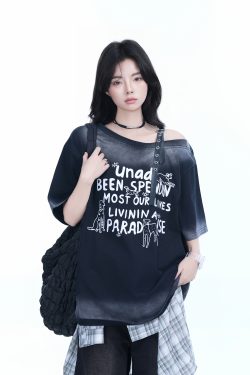 American Gradient Leather Buckle Off-Shoulder Oversized Short Sleeve T-Shirt for Women - Trendy Casual Spicy Girl Style