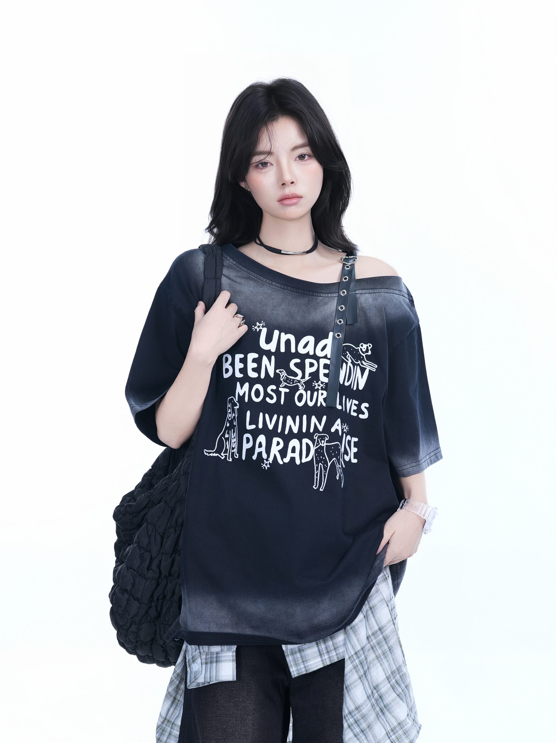 American Gradient Leather Buckle Off-Shoulder Oversized Short Sleeve T-Shirt for Women - Trendy Casual Spicy Girl Style American Gradient Leather Buckle Off-Shoulder Oversized Short Sleeve T-Shirt for Women - Trendy Casual Spicy Girl Style