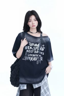 American Gradient Leather Buckle Off-Shoulder Oversized Short Sleeve T-Shirt for Women - Trendy Casual Spicy Girl Style