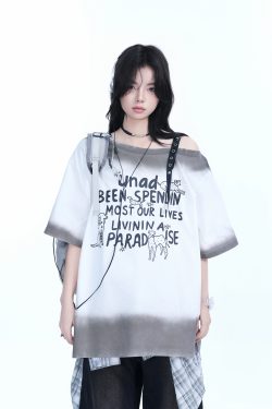 American Gradient Leather Buckle Off-Shoulder Oversized Short Sleeve T-Shirt for Women - Trendy Casual Spicy Girl Style