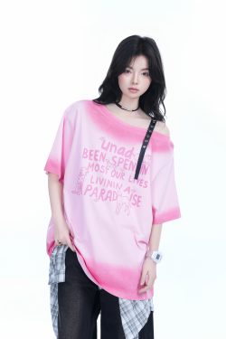 American Gradient Leather Buckle Off-Shoulder Oversized Short Sleeve T-Shirt for Women - Trendy Casual Spicy Girl Style
