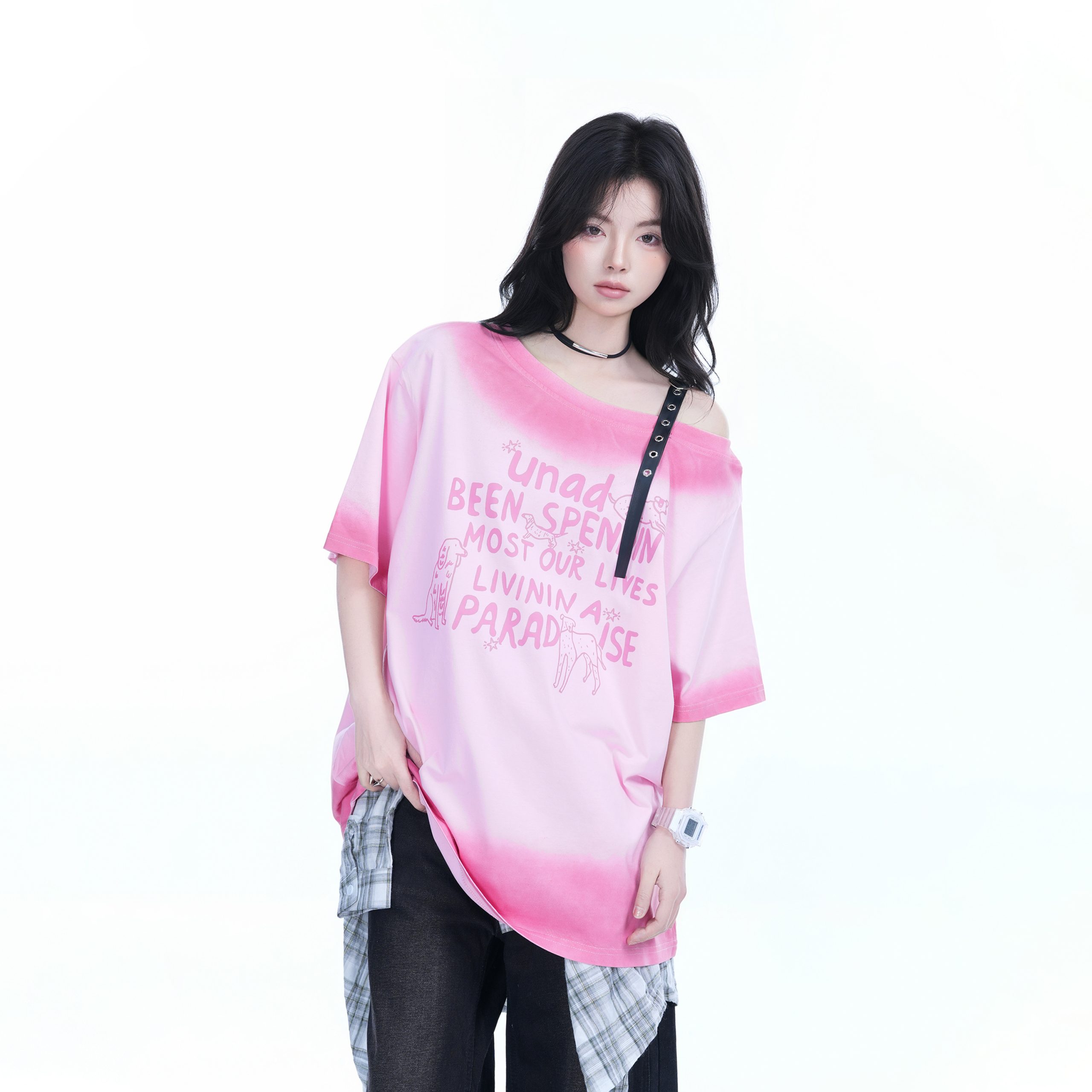 American Gradient Leather Buckle Off-Shoulder Oversized Short Sleeve T-Shirt for Women - Trendy Casual Spicy Girl Style American Gradient Leather Buckle Off-Shoulder Oversized Short Sleeve T-Shirt for Women - Trendy Casual Spicy Girl Style