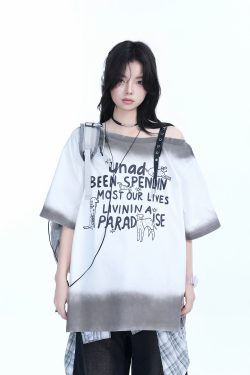 American Gradient Leather Buckle Off-Shoulder Oversized Short Sleeve T-Shirt for Women - Trendy Casual Spicy Girl Style