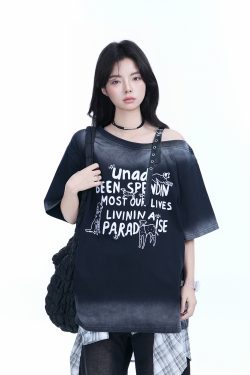 American Gradient Leather Buckle Off-Shoulder Oversized Short Sleeve T-Shirt for Women - Trendy Casual Spicy Girl Style