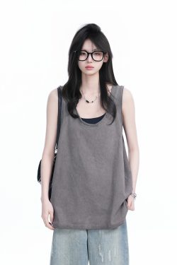 American Hip-Hop Distressed Rolled-Edge Tank Top for Women - Oversized Loose Sleeveless Tee, Trendy 90s Style