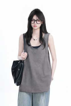 American Hip-Hop Distressed Rolled-Edge Tank Top for Women - Oversized Loose Sleeveless Tee, Trendy 90s Style