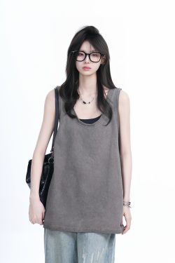 American Hip-Hop Distressed Rolled-Edge Tank Top for Women - Oversized Loose Sleeveless Tee, Trendy 90s Style