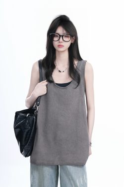 American Hip-Hop Distressed Rolled-Edge Tank Top for Women - Oversized Loose Sleeveless Tee, Trendy 90s Style