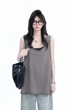 American Hip-Hop Distressed Rolled-Edge Tank Top for Women - Oversized Loose Sleeveless Tee, Trendy 90s Style