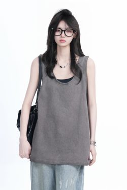 American Hip-Hop Distressed Rolled-Edge Tank Top for Women - Oversized Loose Sleeveless Tee, Trendy 90s Style