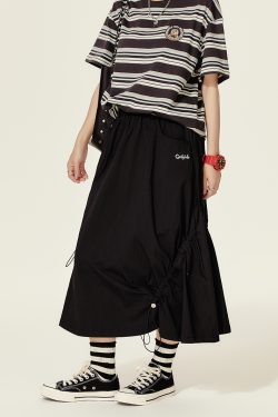 American Retro Black A-Line Half Skirt for Women, Summer Asymmetric Drawstring Design, Hip-Covering Umbrella Style