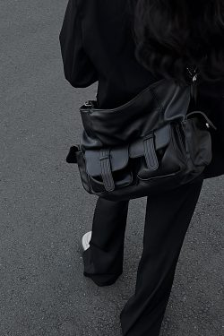 American Retro Black Slouchy Motorcycle Crossbody Bag - Large Capacity Tote for Girls, Trendy Y2K Style