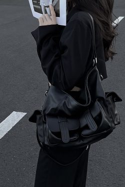 American Retro Black Slouchy Motorcycle Crossbody Bag - Large Capacity Tote for Girls, Trendy Y2K Style