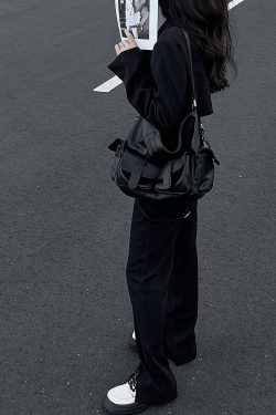 American Retro Black Slouchy Motorcycle Crossbody Bag - Large Capacity Tote for Girls, Trendy Y2K Style