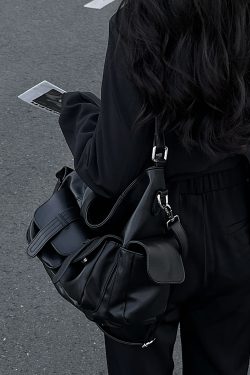 American Retro Black Slouchy Motorcycle Crossbody Bag - Large Capacity Tote for Girls, Trendy Y2K Style