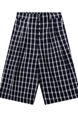 American Retro Blue and White Checkered Loose Wide-Leg Three-Quarter Pants for Women - Casual Y2K Style