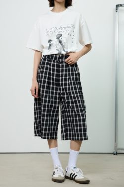 American Retro Blue and White Checkered Loose Wide-Leg Three-Quarter Pants for Women - Casual Y2K Style