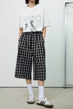 American Retro Blue and White Checkered Loose Wide-Leg Three-Quarter Pants for Women - Casual Y2K Style