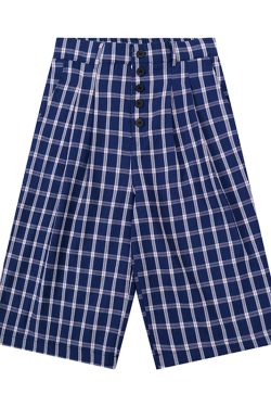 American Retro Blue and White Checkered Loose Wide-Leg Three-Quarter Pants for Women - Casual Y2K Style