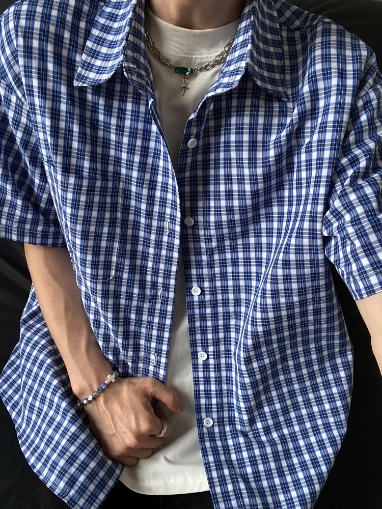 American Retro Blue Plaid Short Sleeve Shirt for Men and Women - Casual Loose Summer Fashion American Retro Blue Plaid Short Sleeve Shirt for Men and Women - Casual Loose Summer Fashion