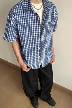 American Retro Blue Plaid Short Sleeve Shirt for Men and Women - Casual Loose Summer Fashion