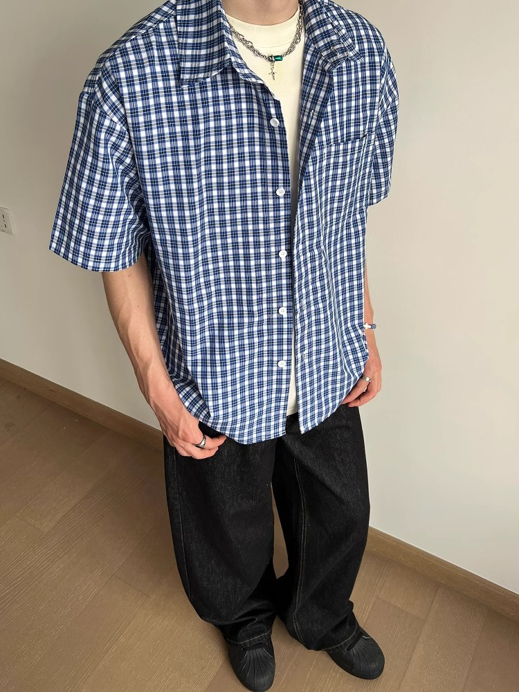 American Retro Blue Plaid Short Sleeve Shirt for Men and Women - Casual Loose Summer Fashion American Retro Blue Plaid Short Sleeve Shirt for Men and Women - Casual Loose Summer Fashion