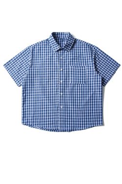 American Retro Blue Plaid Short Sleeve Shirt for Men and Women - Casual Loose Summer Fashion