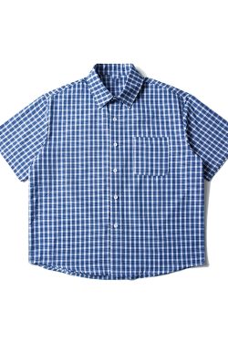 American Retro Blue Plaid Short Sleeve Shirt for Men and Women - Casual Loose Summer Fashion