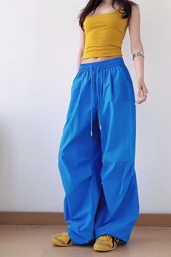 American Retro Blue Wide-Leg Cargo Pants for Women - Summer Loose Fit Casual Sports Floor-Length Trousers